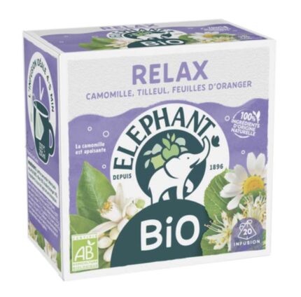 Infusion Bio Relax goût Camomille Tilleuil Fleur d'Oranger Eléphant